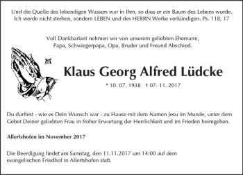Traueranzeige von Klaus Georg Alfred Lüdcke von Trauerportal Echo Online
