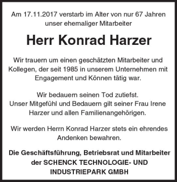 Traueranzeige von Konrad Harzer von Trauerportal Echo Online