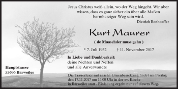 Traueranzeige von Kurt Maurer von Trauerportal Rhein Main Presse