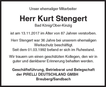 Traueranzeige von Kurt Stengert von Trauerportal Echo Online