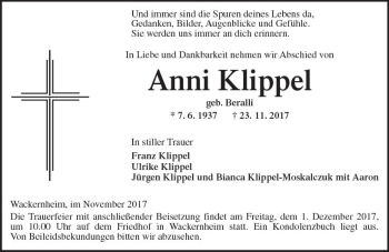Traueranzeige von Anni Klippel von Trauerportal Rhein Main Presse