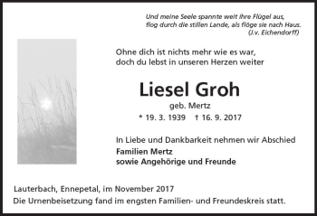 Traueranzeige von Liesel Groh von VRM Trauer
