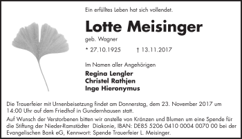 Traueranzeige von Lotte Meisinger von Trauerportal Echo Online