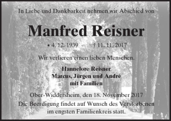 Traueranzeige von Manfred Reisner von  Kreisanzeiger