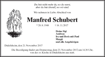 Traueranzeige von Manfred Schubert von  Kreisanzeiger