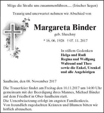 Traueranzeige von Margareta Binder von Trauerportal Rhein Main Presse