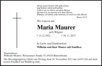 Traueranzeige von Maria Maurer von Trauerportal Rhein Main Presse