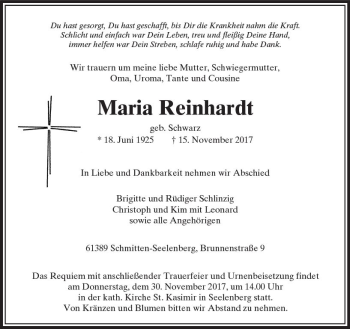 Traueranzeige von Maria Reinhardt von  Usinger Anzeiger