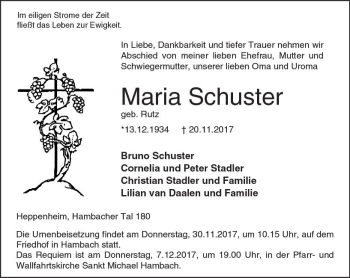 Traueranzeige von Maria Schuster von Trauerportal Echo Online