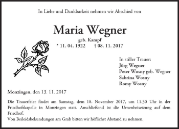 Traueranzeige von Maria Wegner von Trauerportal Rhein Main Presse