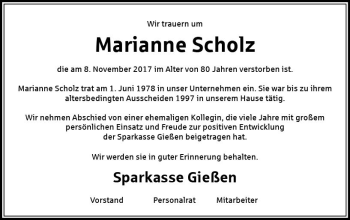 Traueranzeige von Marianne Scholz von  Gießener Anzeiger