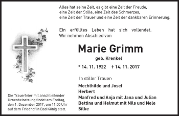 Traueranzeige von Marie Grimm von Trauerportal Echo Online