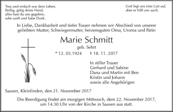 Traueranzeige von Marie Schmitt von  Gießener Anzeiger