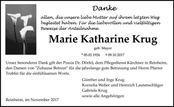 Traueranzeige von Marie Katharine Krug von Trauerportal Echo Online