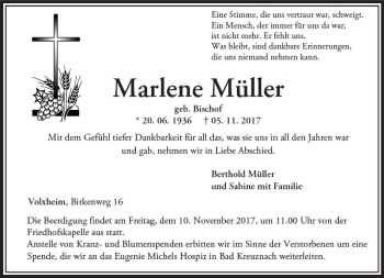 Traueranzeige von Marlene Müller von Trauerportal Rhein Main Presse