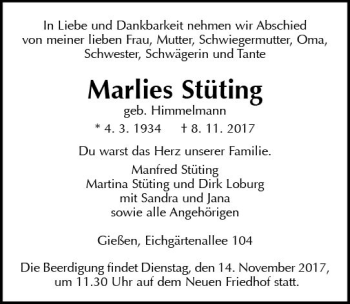 Traueranzeige von Marlies Stüting von  Gießener Anzeiger