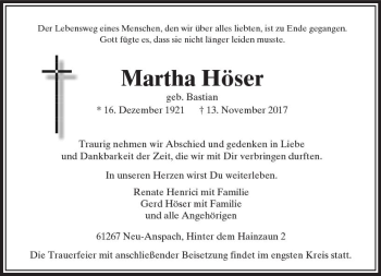 Traueranzeige von Martha Höser von  Usinger Anzeiger
