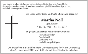Traueranzeige von Martha Noll von  Gießener Anzeiger
