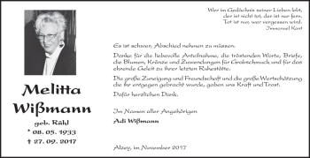 Traueranzeige von Melitta Wißmann von Trauerportal Rhein Main Presse