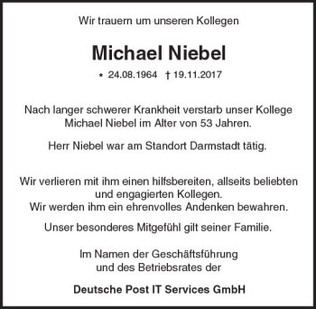 Traueranzeige von Michael Niebel von Trauerportal Echo Online