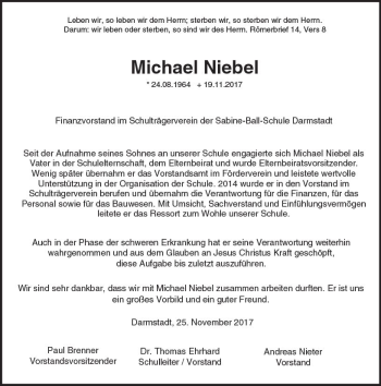 Traueranzeige von Michael Niebel von Trauerportal Echo Online