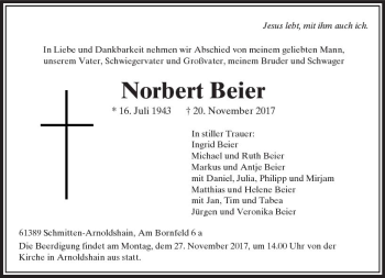 Traueranzeige von Norbert Beier von  Usinger Anzeiger