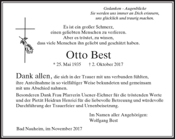 Traueranzeige von Otto Best von  Usinger Anzeiger