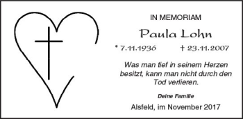 Traueranzeige von Paula Lohn von VRM Trauer