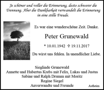 Traueranzeige von Peter Grunewald von Trauerportal Rhein Main Presse