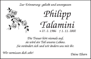 Traueranzeige von Philipp Talamini von Trauerportal Echo Online