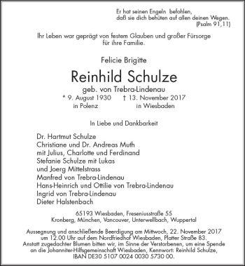 Traueranzeige von Reinhild Schulze von Trauerportal Rhein Main Presse