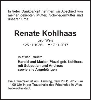 Traueranzeige von Renate Kohlhaas von Trauerportal Rhein Main Presse