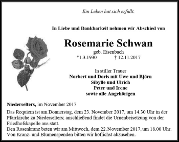 Traueranzeige von Rosemarie Schwan von  Camberger Anzeiger