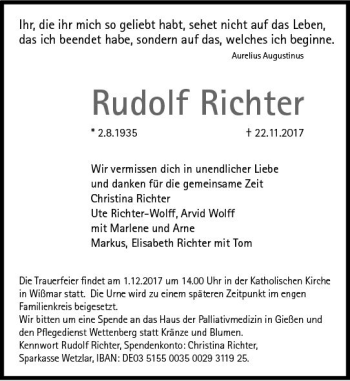 Traueranzeige von Rudolf Richter von  Gießener Anzeiger