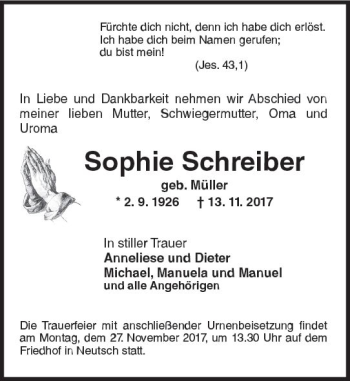 Traueranzeige von Sophie Schreiber von Trauerportal Echo Online