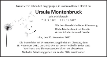 Traueranzeige von Ursula Montenbruck von  Gießener Anzeiger