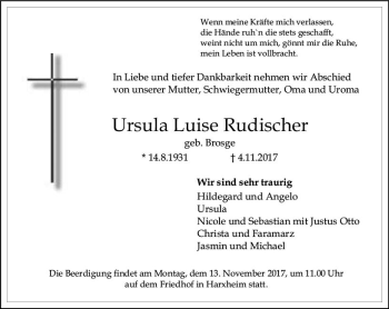 Traueranzeige von Ursula Luise Rudischer von Trauerportal Rhein Main Presse