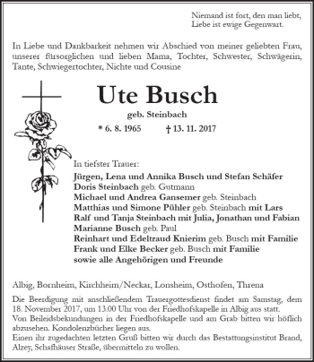Traueranzeige von Ute Busch von Trauerportal Rhein Main Presse