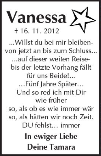 Traueranzeige von Vanessa Schauermann von  Kreisanzeiger