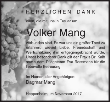 Traueranzeige von Volker Mang von Trauerportal Echo Online