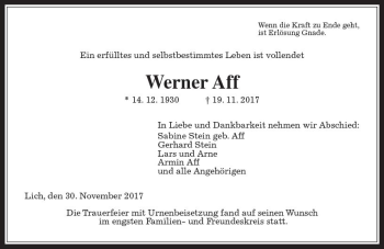Traueranzeige von Werner Aff von  Gießener Anzeiger
