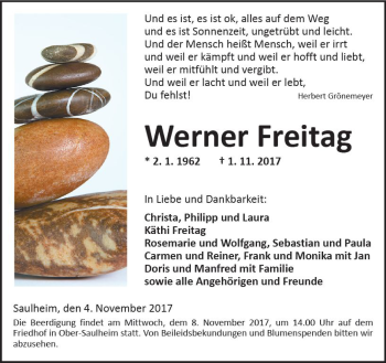 Traueranzeige von Werner Freitag von Trauerportal Rhein Main Presse
