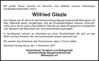 Traueranzeige von Wilfried Glazle von Trauerportal Rhein Main Presse
