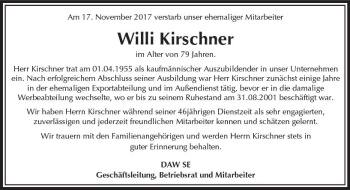 Traueranzeige von Willi Kirschner von Trauerportal Echo Online