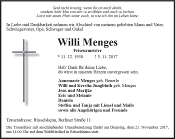 Traueranzeige von Willi Menges von Trauerportal Rhein Main Presse