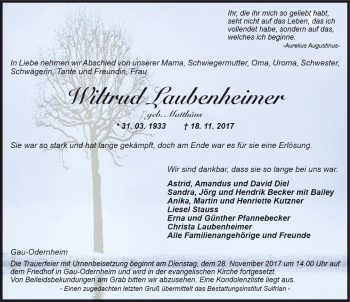 Traueranzeige von Wiltrud Laubenheimer von Trauerportal Rhein Main Presse