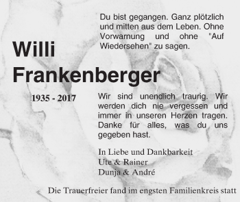 Traueranzeige von Willi Frankenberger von Trauerportal Echo Online