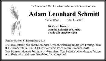 Traueranzeige von Adam Leonhard Schmitt von Trauerportal Echo Online