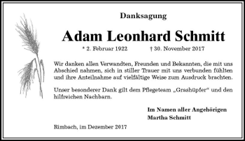 Traueranzeige von Adam Leonhard Schmitt von Trauerportal Echo Online
