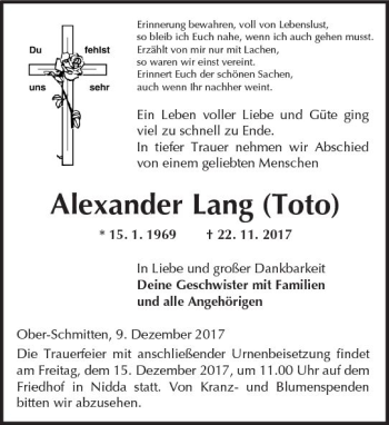 Traueranzeige von Alexander Lang von  Kreisanzeiger